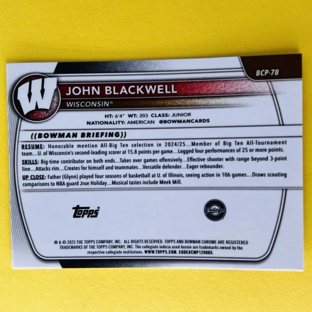 2025/26 Bowman Chrome U John Blackwell 1st Bowman Wisconsin‎ BCP-78